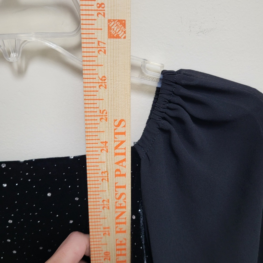With Jules XL Black Velvet Glitter Starburst Sheer Puff Sleeve Dress Ruched Side - Picture 9 of 9